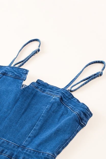 Blauer spaghetti-riemen kerbe v denim jumpsuit
