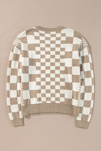Khaki karo print drop shoulder rundhalsausschnitt pullover