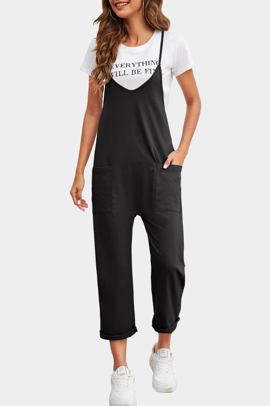 Schwarzer pocketed adjustable spaghetti strap straight leg jumpsuit