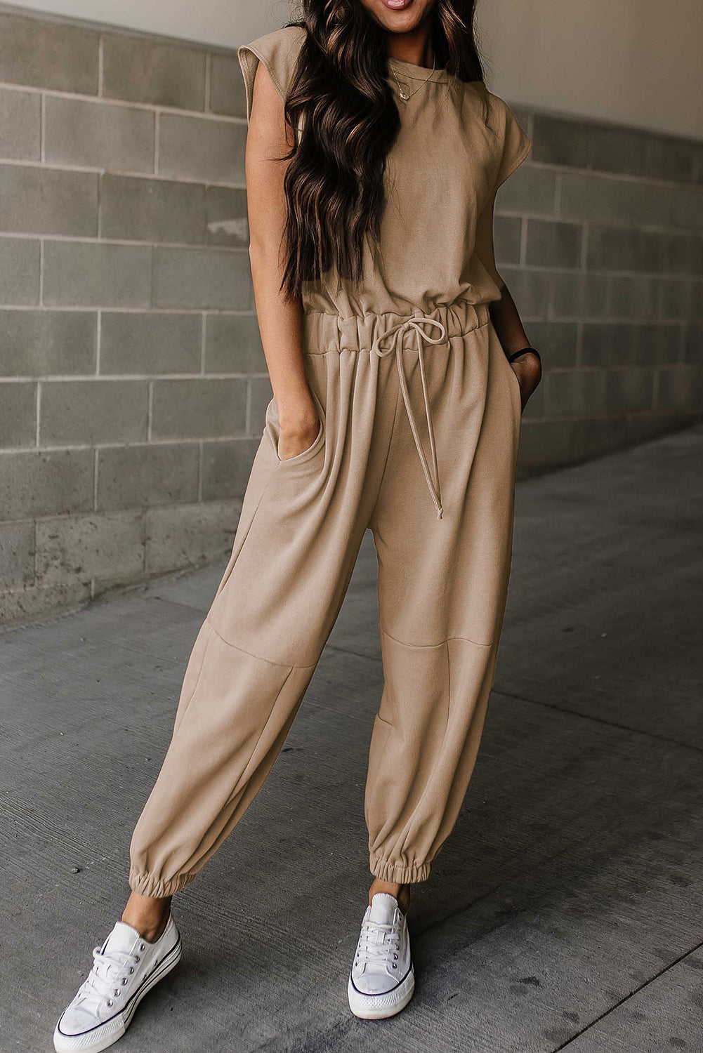 Light french beige cap sleeve open back drawstring jogger jumpsuit