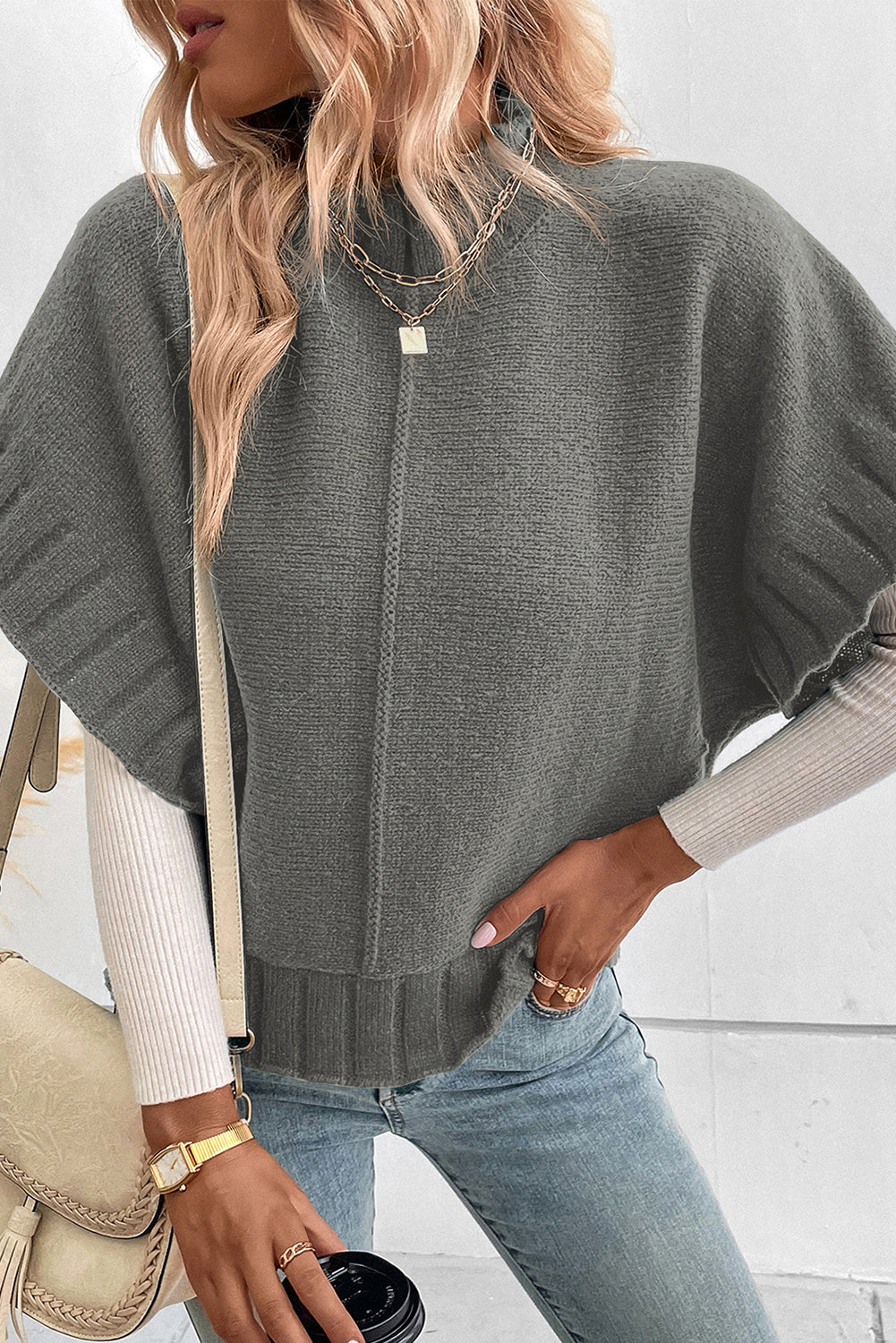Medium grey mock neck batwing kurzarm-strickpullover