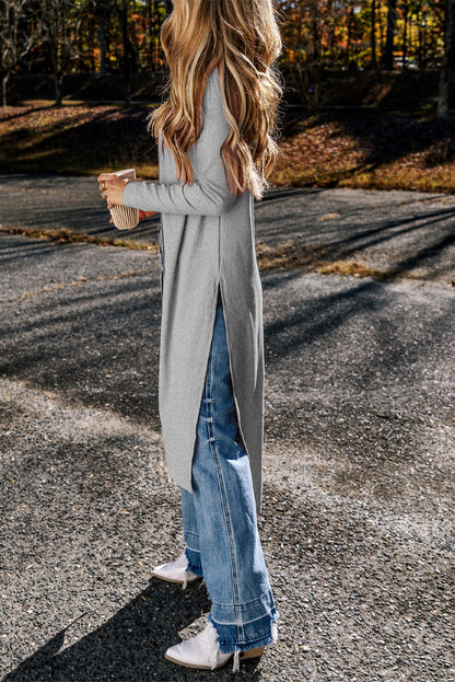 Grauer gerippter, geteilter duster cardigan mit knopfleiste