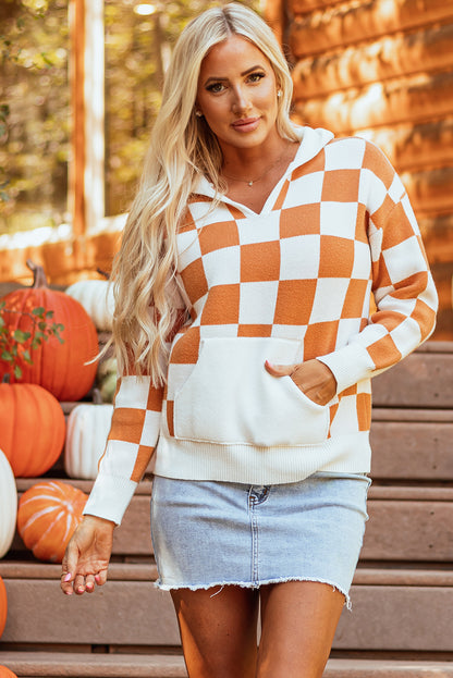 Gold flame checkered split neck kontrast kängurutasche kapuzenpullover