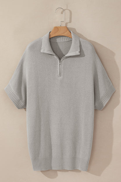 Hellgrauer quarter zip pullover mit kurzen fledermausärmeln