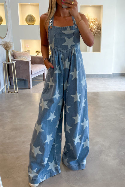 Star print geknöpftes band falte weites bein denim overall