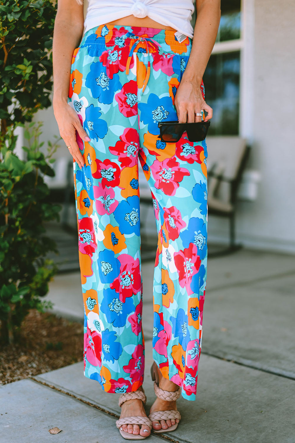 Mehrfarbige abstrakte florale druck kordelzug breite taille hose