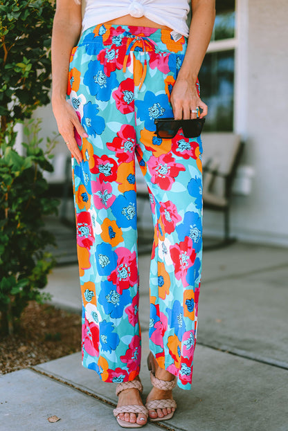 Mehrfarbige abstrakte florale druck kordelzug breite taille hose