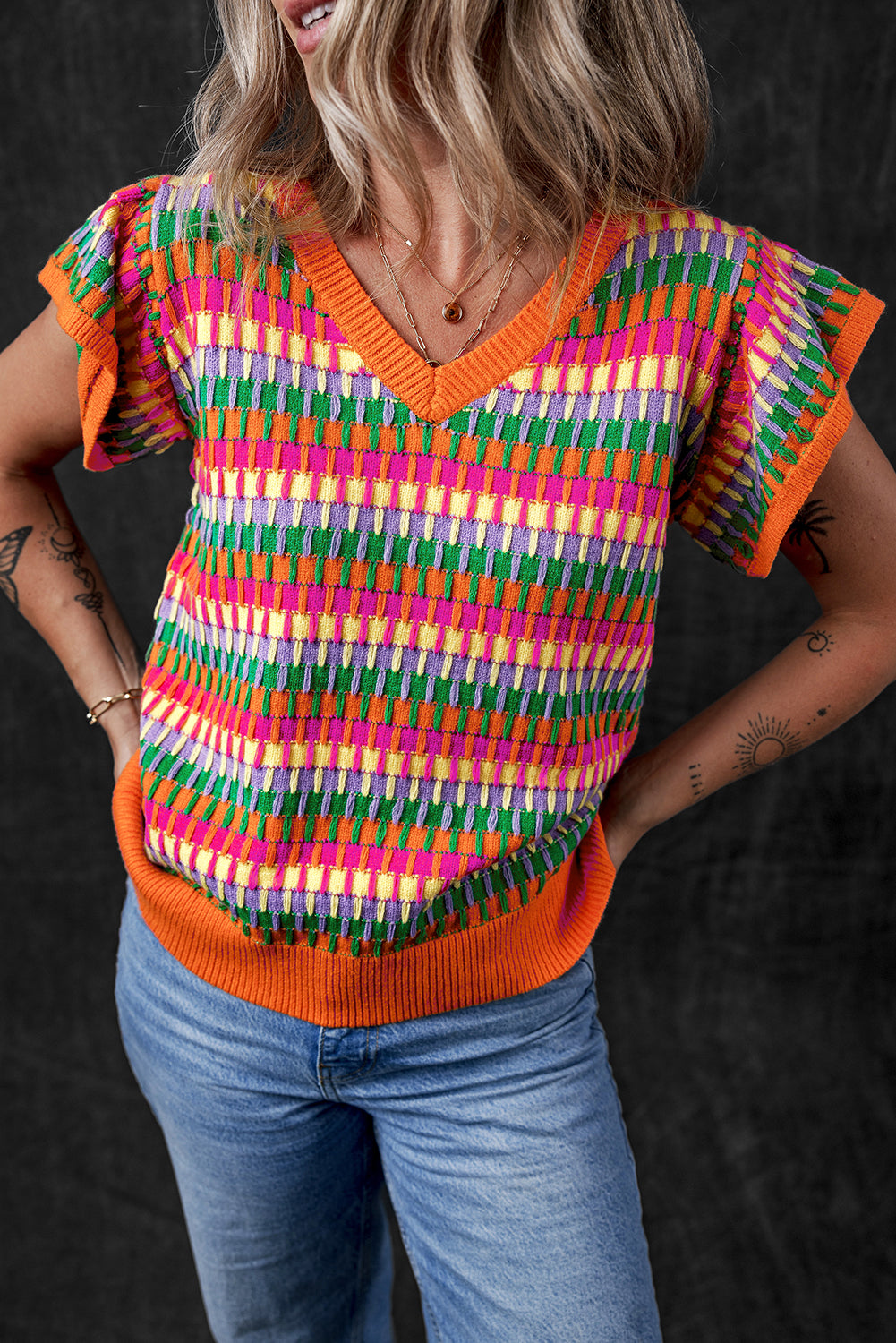 Orange multi flatterärmel strickpullover top