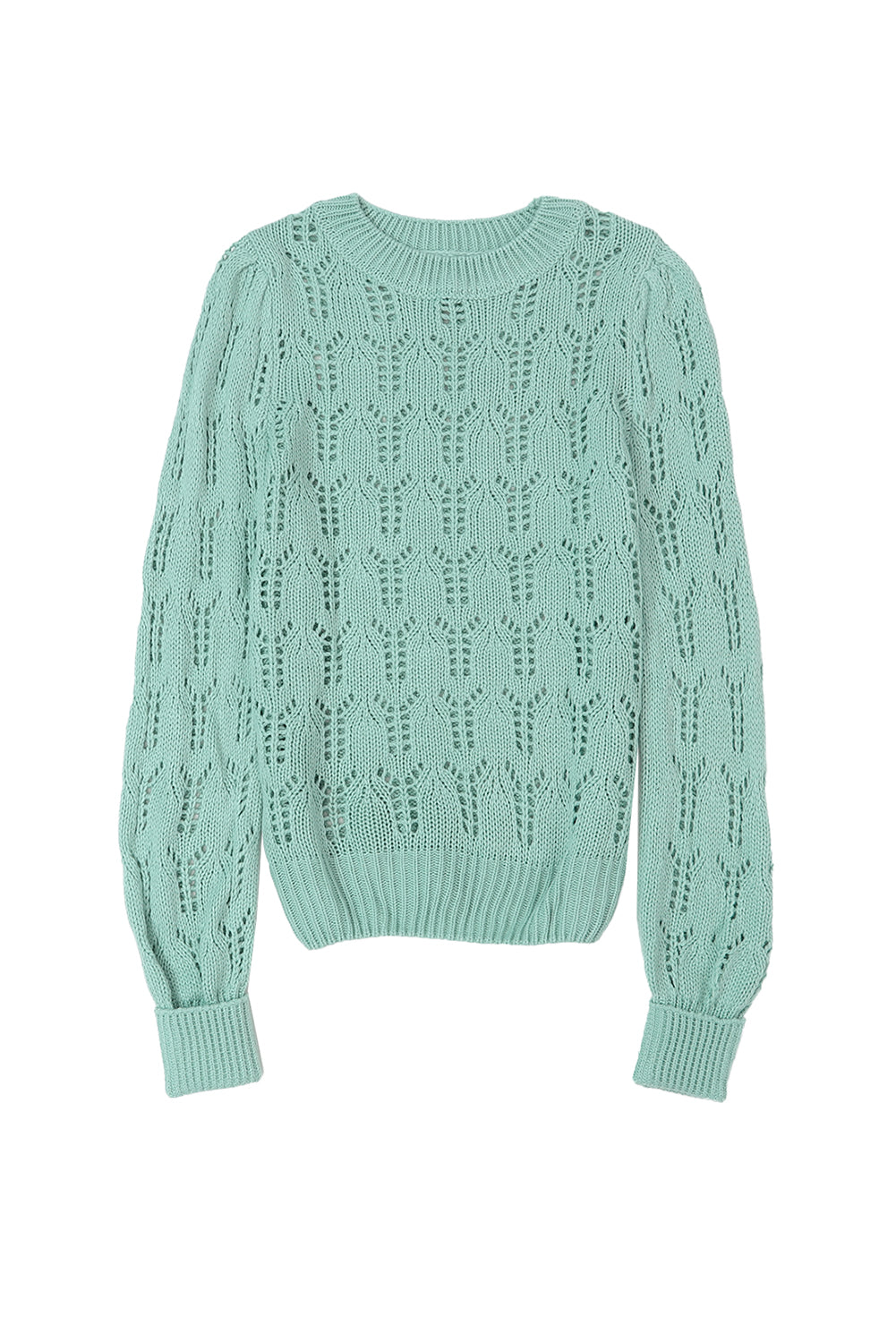 Grüner pointelle-pullover aus transparentem strick