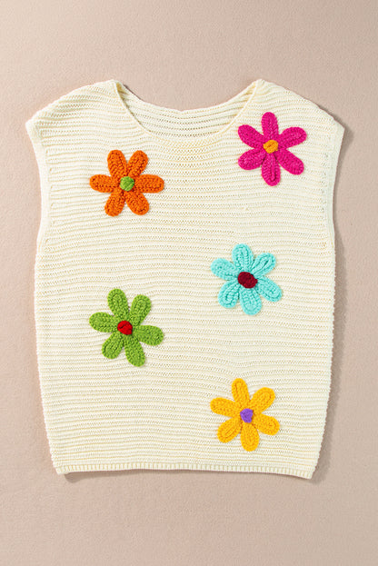 Weißes blumen-häkel-rundhals-strick-top