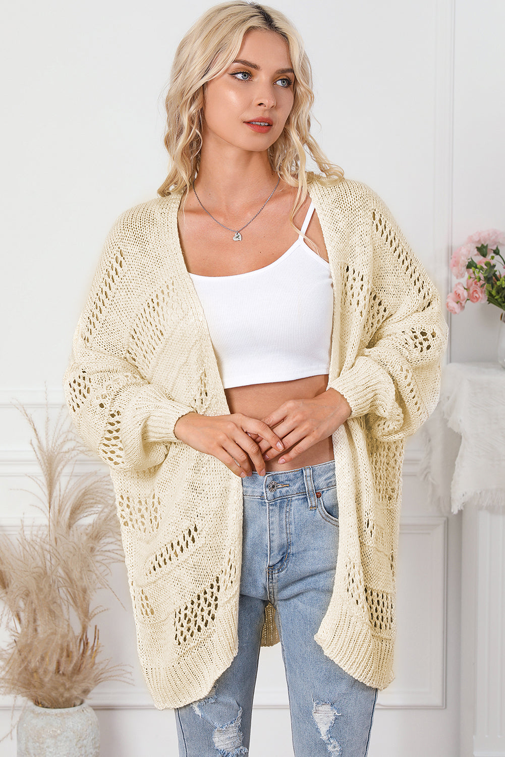 Apricot lässige strickjacke mit dolman-ärmeln und hohlsaum