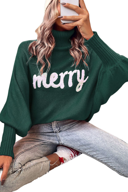 Schwarz-grüner pullover mit gesticktem buchstaben und hohem ausschnitt