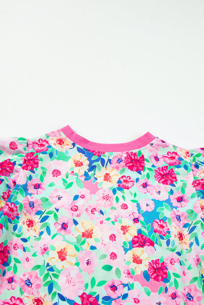 Multicolour floral print flatterärmel gerafftes minikleid