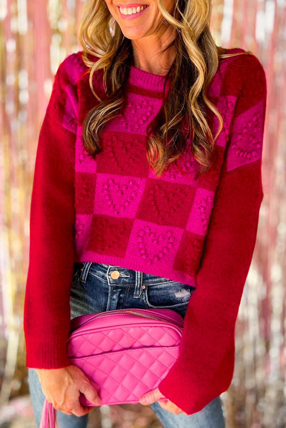 Mehrfarbig kariertes muster herz-detail strukturierter pullover