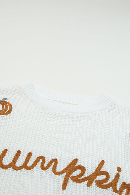 Weißer kürbis-garnstich-rippenstrickpullover