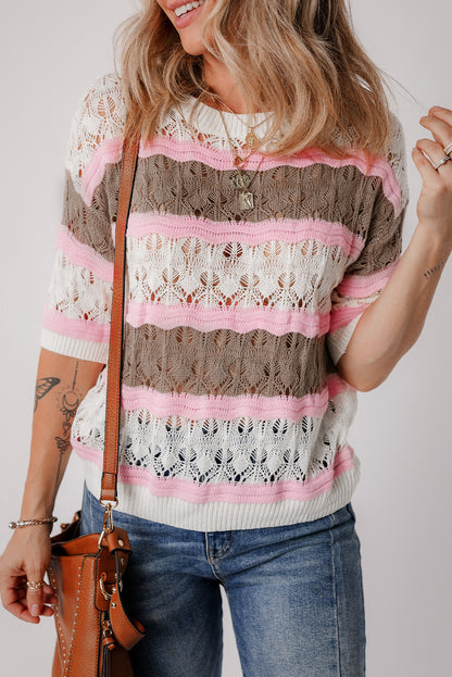Brown stripe color block hollow out crochet half sleeve pullover