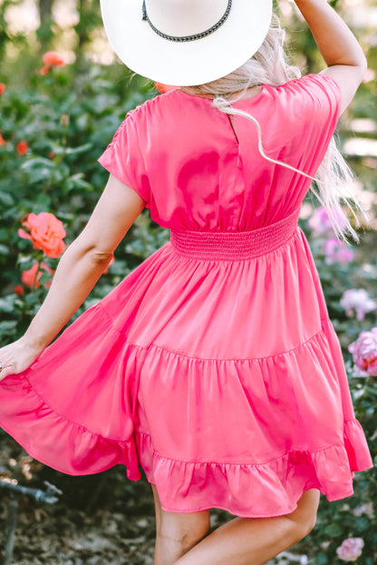 Strawberry pink geraffte ärmel v-ausschnitt smock taille gerafftes kleid