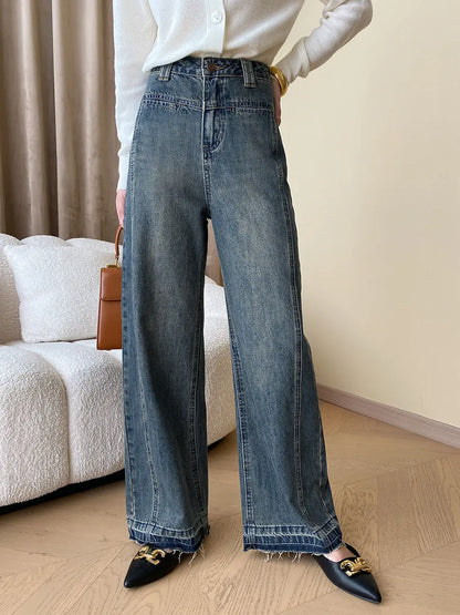 Vintage-jeans aus denim mit weitem bein und knopfleiste – damen