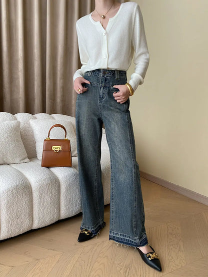 Vintage-jeans aus denim mit weitem bein und knopfleiste – damen