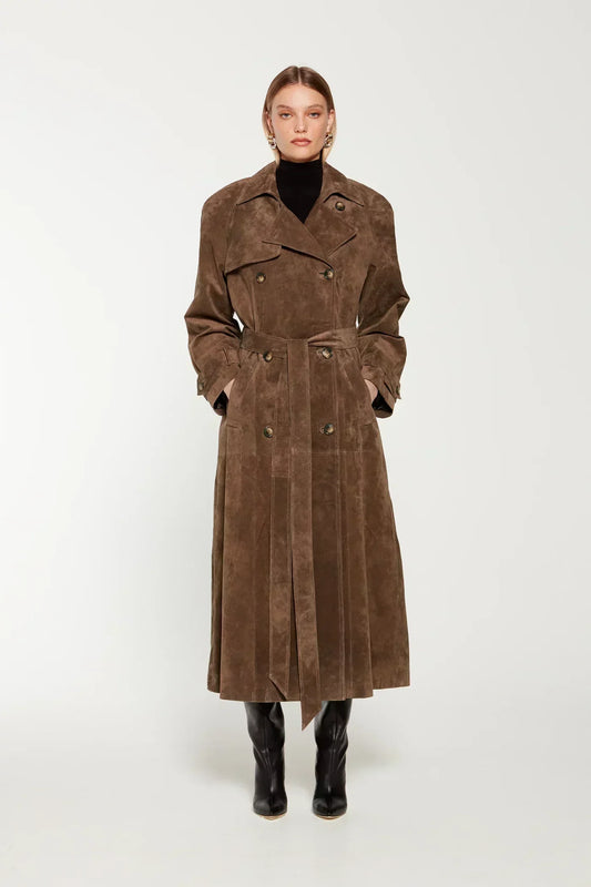 Sibba suede trenchcoat für damen – weicher mantel mit gürtel
