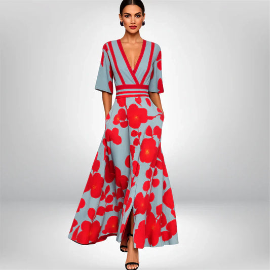 Elegantes wickelkleid mit blumenmuster in saphirblau – damen