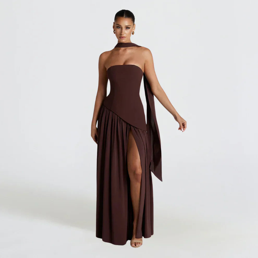 Asymmetrisches cocktailkleid mit hohem kragen und schlitz für damen