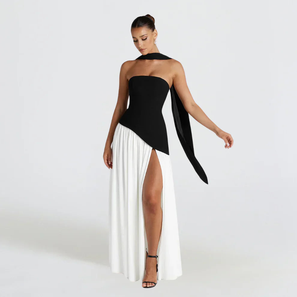 Asymmetrisches cocktailkleid mit hohem kragen und schlitz für damen