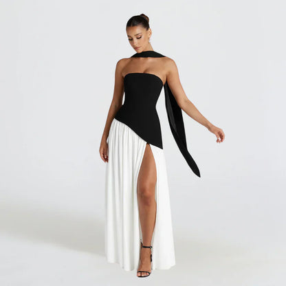 Asymmetrisches cocktailkleid mit hohem kragen und schlitz für damen