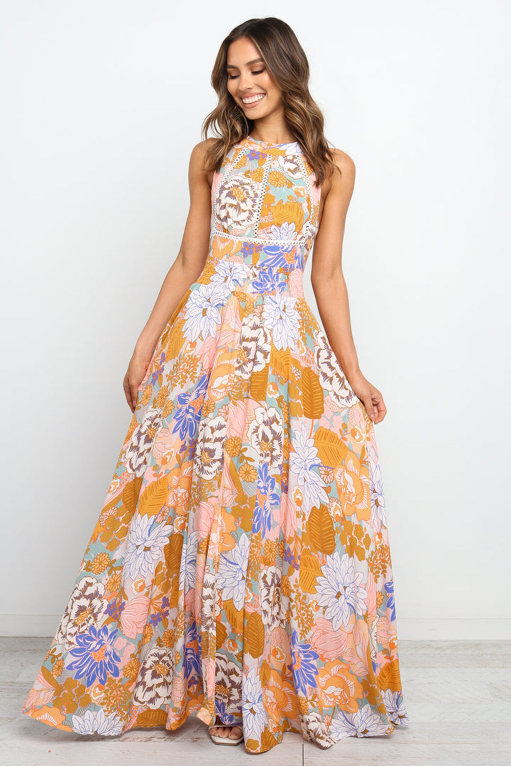 Orange boho floral rückenfreie spitze ärmelloses maxikleid