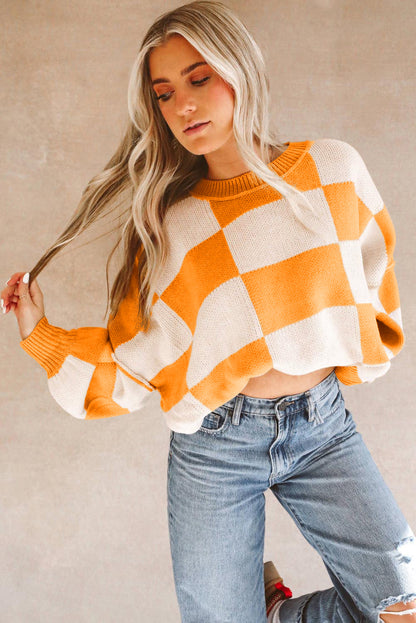 Orange karierter pullover mit läuferärmeln