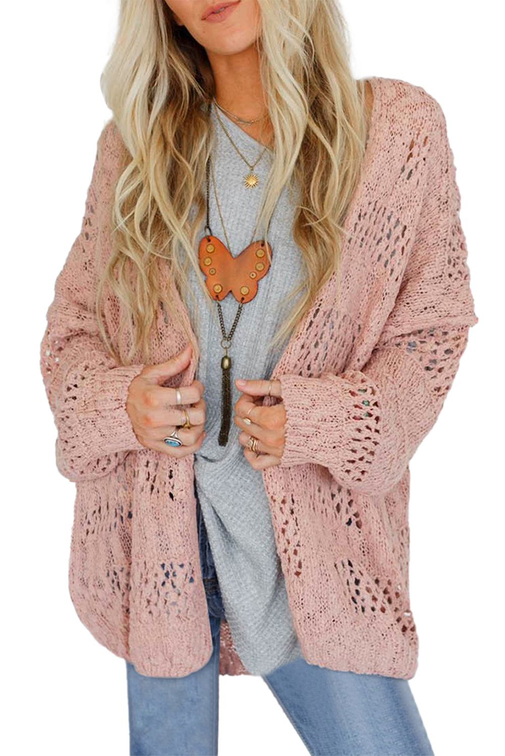 Rosa lässige strickjacke mit dolman-ärmeln und lochmuster