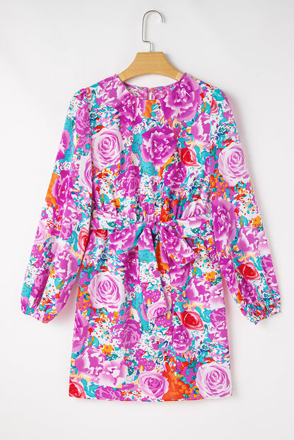 Lila floral keyhole back langärmeliges kleid mit gürtel