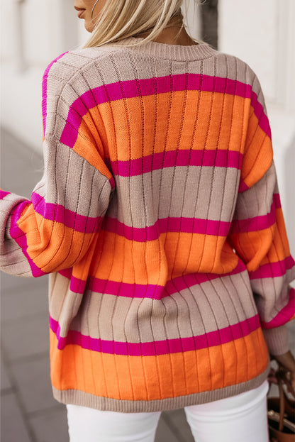 Orange gestreifter colorblock-cardigan mit hängenden schultern
