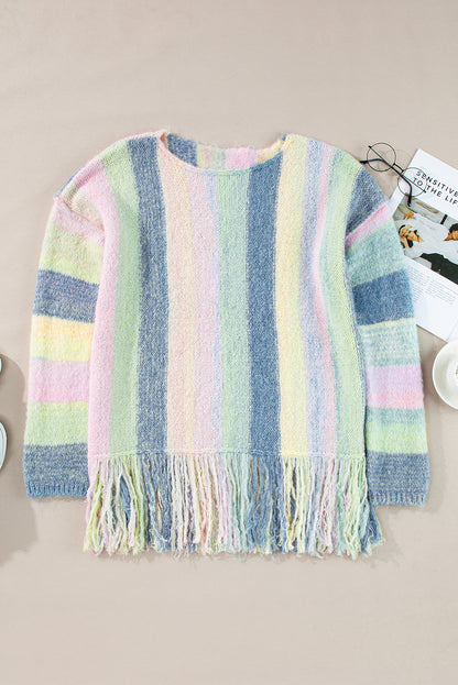Lila farbe block fransen drop shoulder tunika pullover