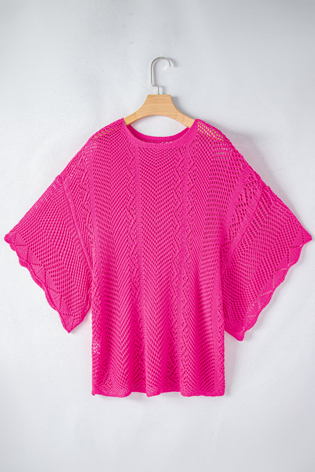 Rose red pointelle knit jakobsmuschel rand kurzarm top
