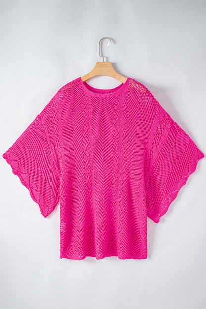 Rose red pointelle knit jakobsmuschel rand kurzarm top