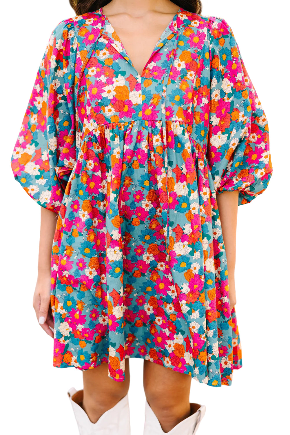 Himmelblau floral print krawatte split neck bubble sleeve babydoll kleid