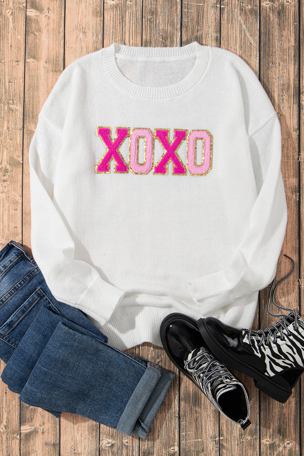 Weißer xoxo glitter print rundhalsausschnitt casual pullover
