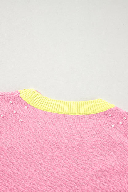 Rosenroter colorblock pullover mit rundhalsausschnitt und halben ärmeln mit perlen