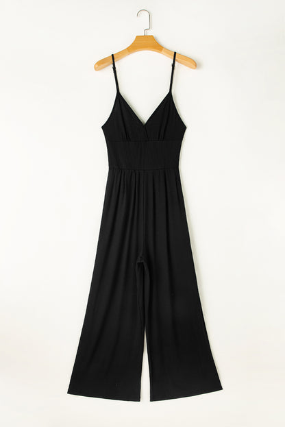 Schwarzes weites bein mit hoher taille sexy v-ausschnitt cami jumpsuit