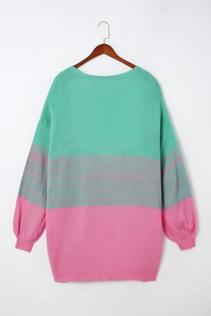 Rose pompom color block open front strickjacke