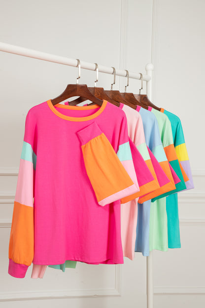 Dunkelblaues colorblock patchwork-langarm-top mit lockeren ärmeln