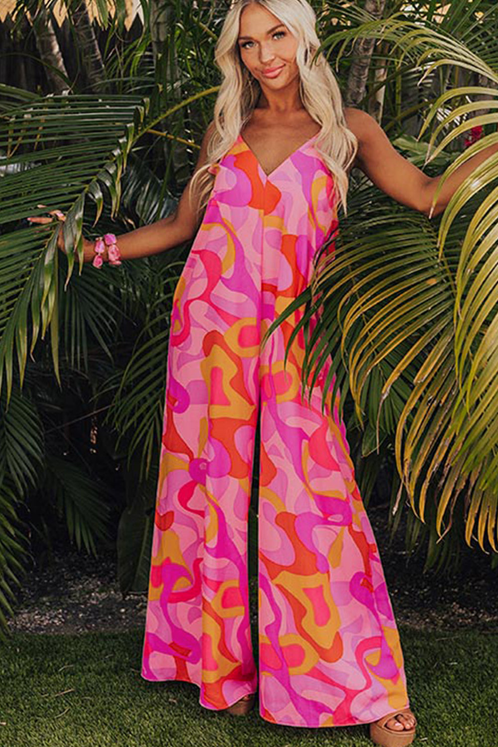 Rosa boho abstrakt druck v-ausschnitt weites bein jumpsuit