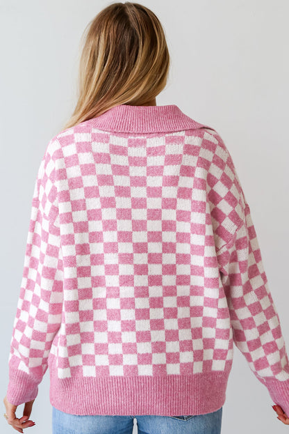 Rosa karierter knöpfe kragen v-ausschnitt drop shoulder pullover