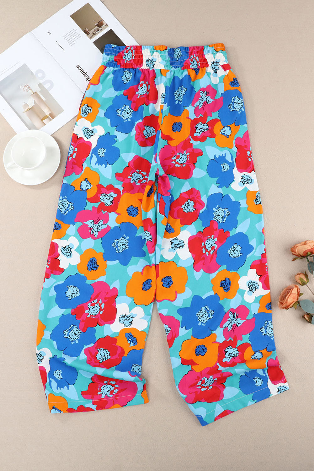 Mehrfarbige abstrakte florale druck kordelzug breite taille hose