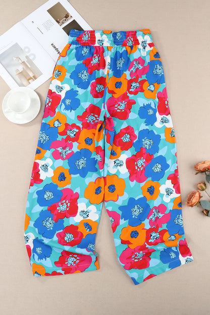 Mehrfarbige abstrakte florale druck kordelzug breite taille hose