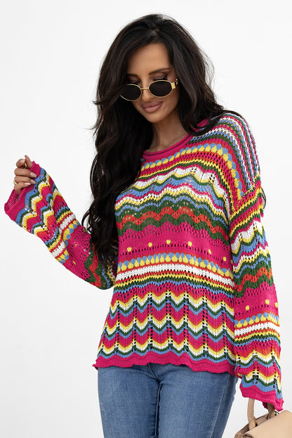 Rosenroter colorblock gestreifter strickpullover mit losen ärmeln