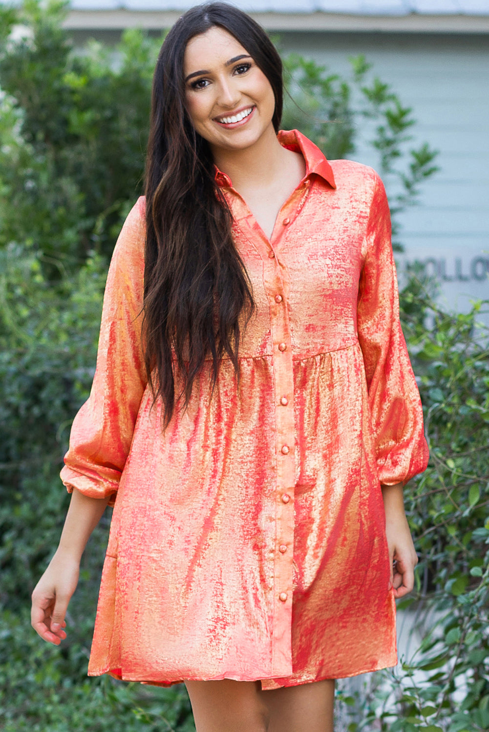 Peach blossom metallic sheen puffärmel button up mini shirt kleid