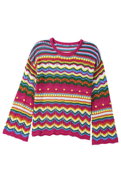 Rosenroter colorblock gestreifter strickpullover mit losen ärmeln
