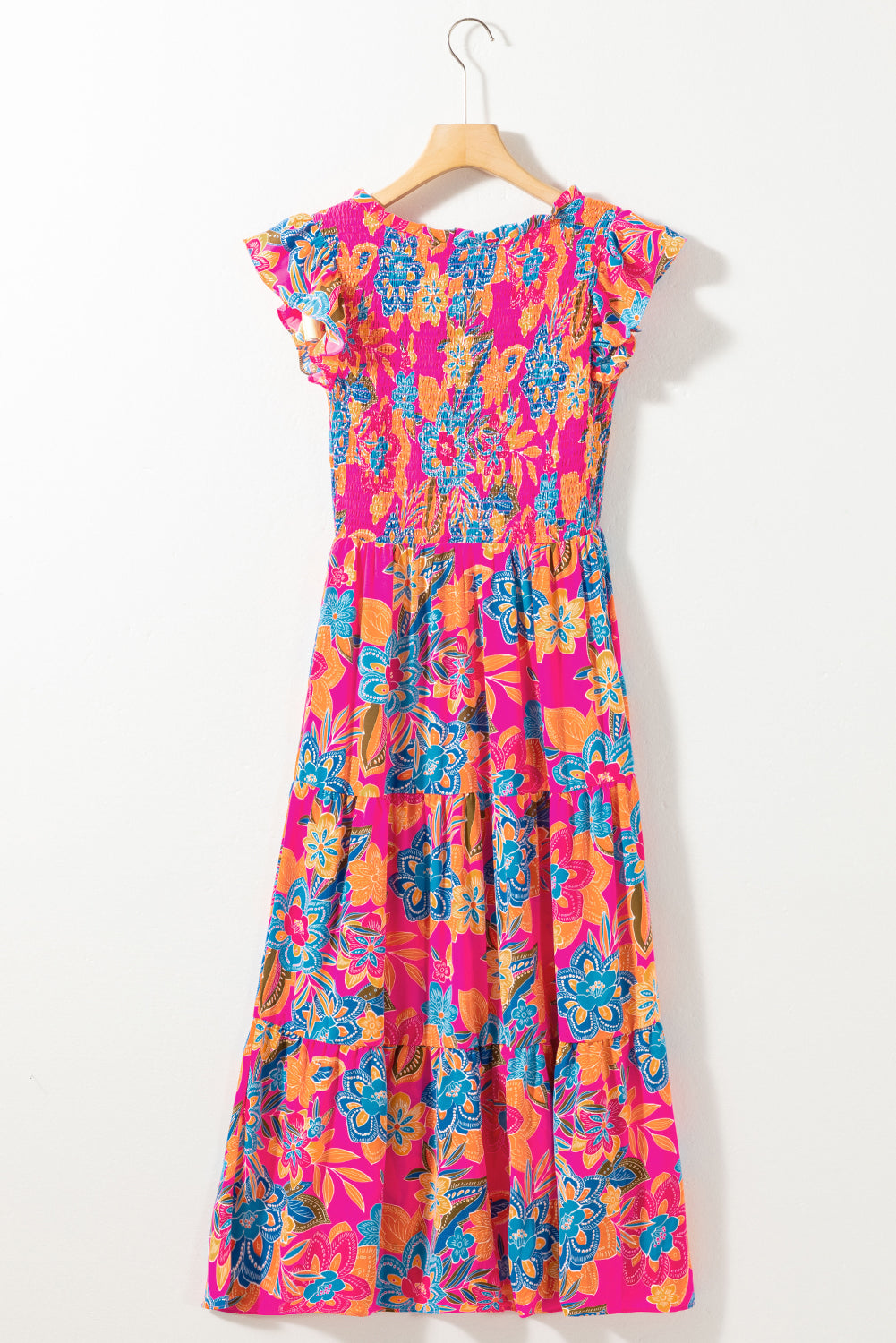 Rosenrot boho floral v-ausschnitt rüschen gestreift langes kleid